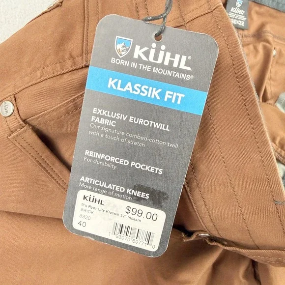KUHL Rydr Pants Size 40x32 Lite Klassik Mens Brick Red 5320, NWT